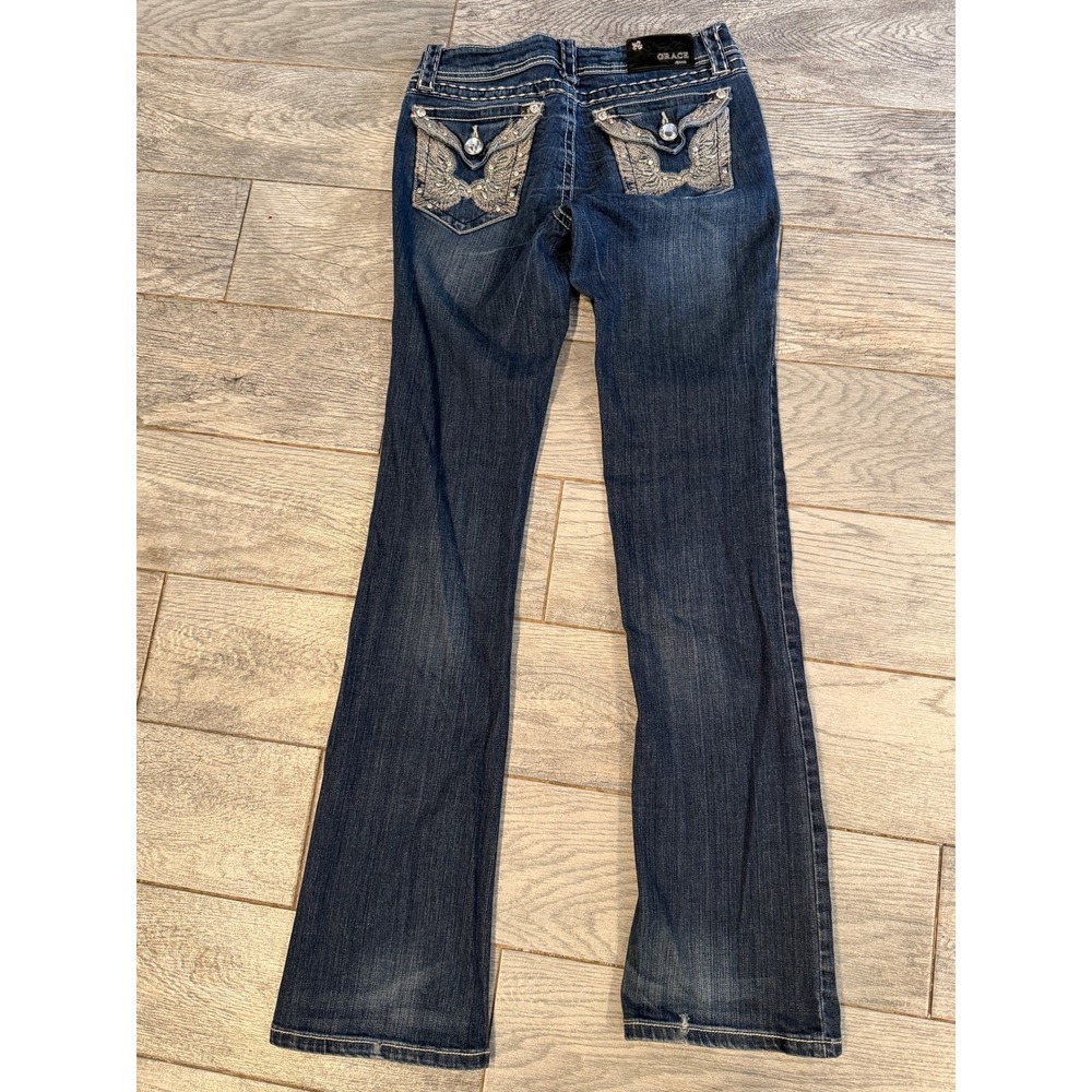 Grace in LA Bootcut Jeans 27 Blue Wing Rhinestone Embellished Denim‎ Womens Boot